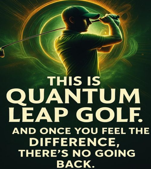 A golfer mid-swing with bold green and black styling and the phrase “This is Quantum Leap Golf.”