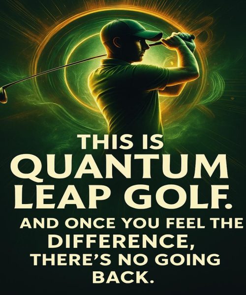 A golfer mid-swing with bold green and black styling and the phrase “This is Quantum Leap Golf.”