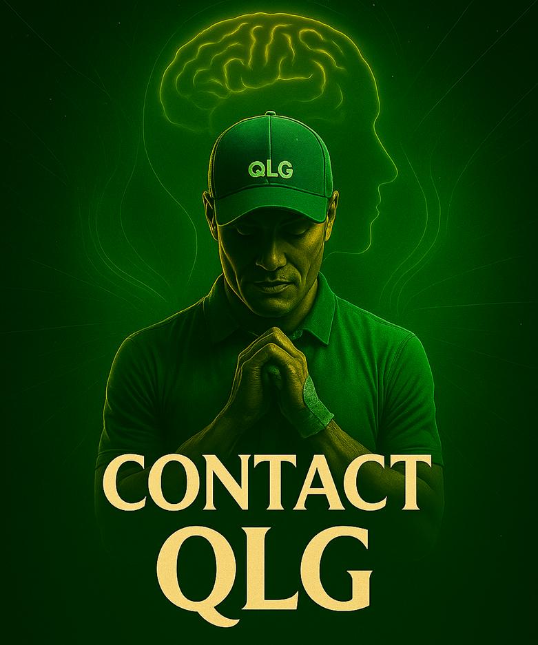 Confident golfer holding a club in dynamic pose with Contact QLG text above.