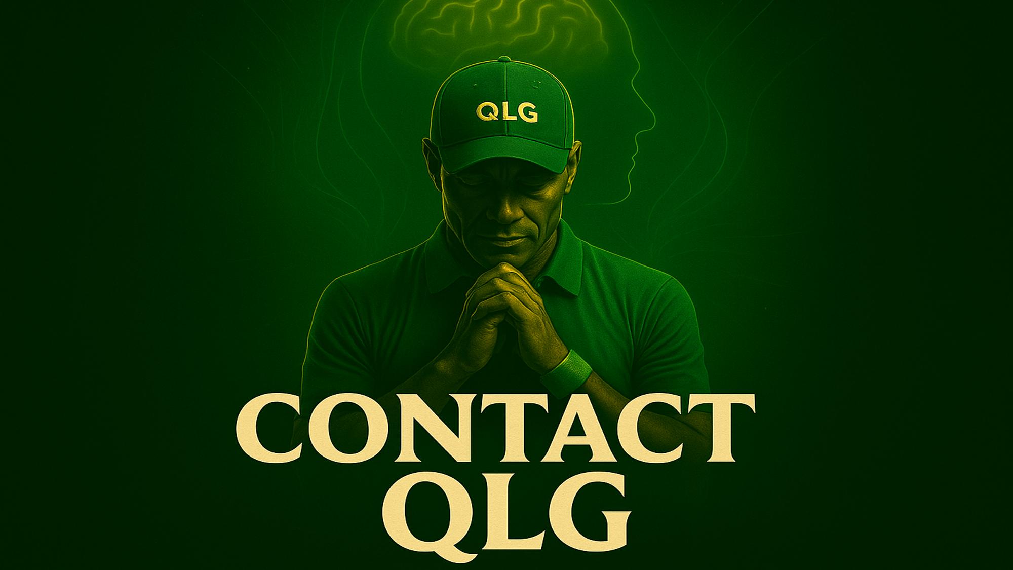 golfer standing on a glowing green fairway at sunset, with the words “Contact QLG” above.