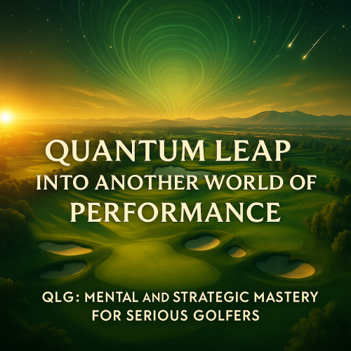 A scenic golf course background with promotional text: "Quantum Leap into Another World of Performance – QLG: Mental and Strategic Mastery for Serious Golfers"