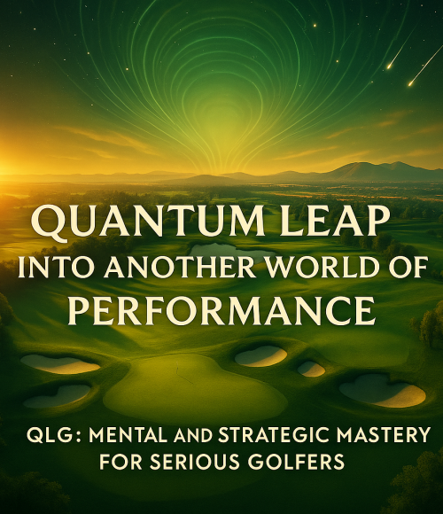 A scenic golf course background with promotional text: "Quantum Leap into Another World of Performance – QLG: Mental and Strategic Mastery for Serious Golfers"
